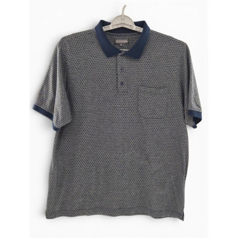 Denver Hayes Men's Patterned Polo Shirt L Grey Navy Classic Fit Golf Dad Casual